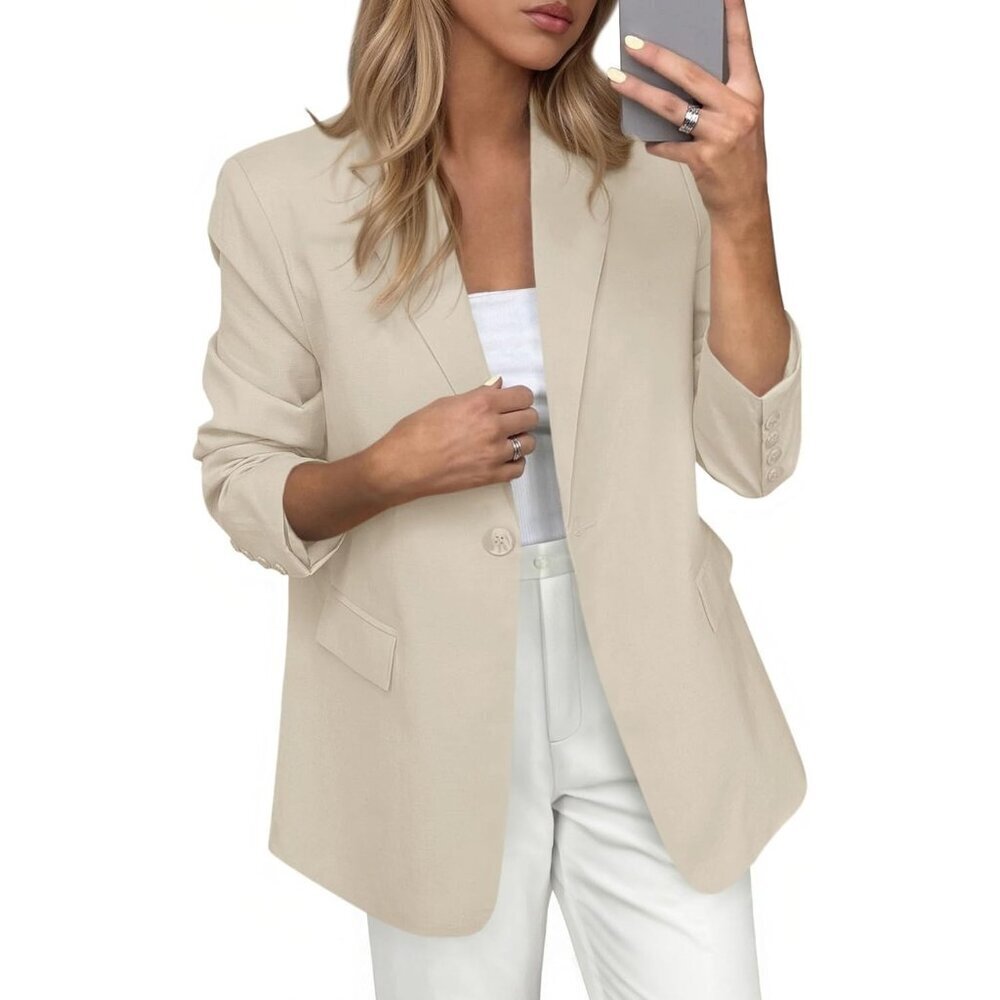 Women's Beige Blazers Business Casual Outfits Spring Open Front Long Sleeve